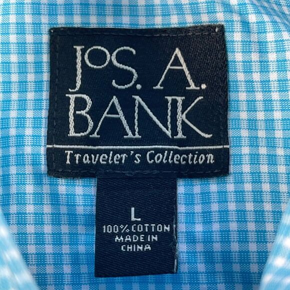 Jos A Bank Shirt Men Large Turquoise Gingham Check Cotton Travelers Button Front - Picture 14 of 16
